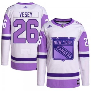 Youth Adidas New York Rangers Jimmy Vesey White/Purple Hockey Fights Cancer Primegreen Jersey - Authentic