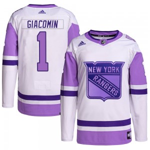 Men's Adidas New York Rangers Eddie Giacomin White/Purple Hockey Fights Cancer Primegreen Jersey - Authentic