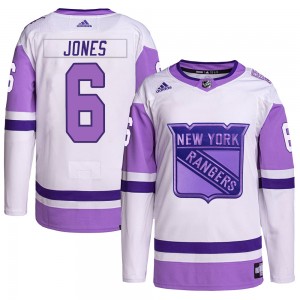 Men's Adidas New York Rangers Zac Jones White/Purple Hockey Fights Cancer Primegreen Jersey - Authentic