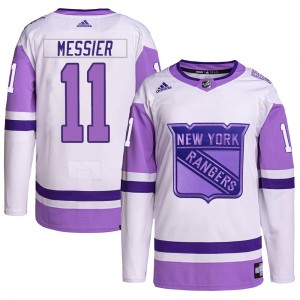 Men's Adidas New York Rangers Mark Messier White/Purple Hockey Fights Cancer Primegreen Jersey - Authentic